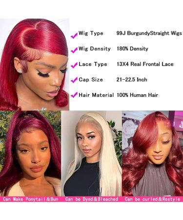 Samrabeauty Burgundy Lace Front Human Hair Wig 24 Inch 99J - 13x4 HD Transparent Straight Lace Frontal Wig 180% Density - Glueless Pre Plucked with Baby Hair - Women's Wine Red Wig - Buy Online on GoSupps.com
