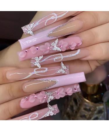 24Pcs Long Square Press on Nails Pink French Tip Fake Nails Silver Glitter with Flower Full Cover Tips Glue on Nails Artificial Acrylic False Nails Butterfly Charms Design for Women Nails Decorations