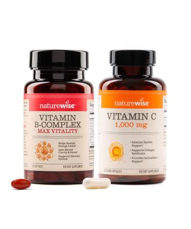 NatureWise B Complex Vitamins with Folic Acid 60 Count + Extra Strength Vitamin C 1000mg Capsules 60 Count - Bundle for Immune Energy Levels Heart Health Support - Soy Dairy Gluten Free Non-GMO