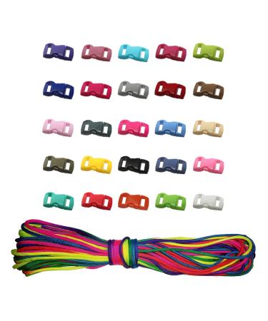 Hongci 1pack 101ft paracord rope rainbow color parachute cord outdoor nylon rope + 30pcs contoured pages release plastic mini buckle 3/8 inches for paracord bracelets tent