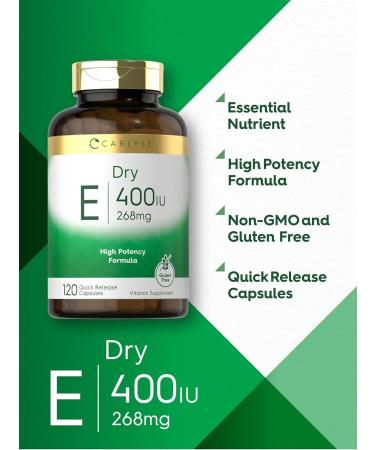 Carlyle Dry Vitamin E 400 IU | 120 Capsules | D-Alpha Tocopheryl | High Potency Formula | Non-GMO and Gluten Free - Buy Online on GoSupps.com