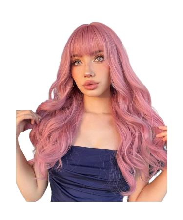 NAYASA Pink Wigs with Bangs - Long Wavy Synthetic Wig for Women - Heat Resistant and Colorful for Daily Party and Cosplay - 22 inches - Buy Online on GoSupps.com