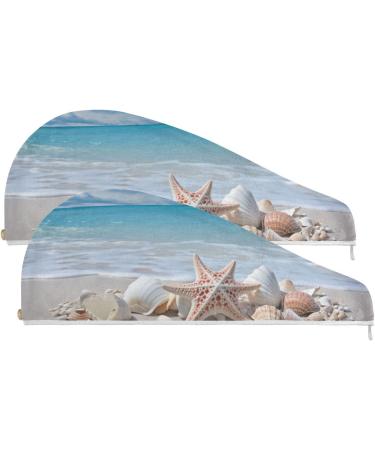 Beach Seashell Starfish Hair Towel 2 Pack - Super Absorbent Quick Dry Hair Turbans for Women & Girls - Buy Online on GoSupps.com