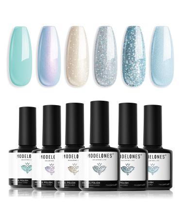 Modelones Gel Nail Polish Mermaid 6 Pcs Blue Silver Glitter Gel Nail Polish Mint Green Shimmer Nail Polish Soak Off Spring Summer Baby Blue Gel Polish LED Nail Art DIY Salon Manicure Gift for Girl