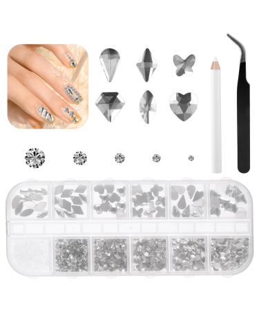 1300Pcs Crystal Nail Rhinestones Multi Shapes 3D Crystals Nail Charms Shiny Clear Flatback Round Beads Diamonds with Pickup Pen + Tweezer for Nail Faces Eyes Makeup Craft Decoration Transparent