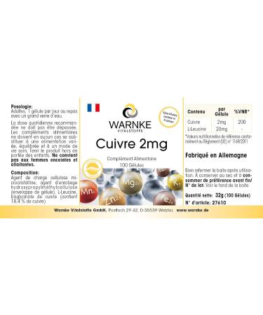 Copper Capsules 2mg - Vegan - 100 Capsules - Copper Bisglycinate | Warnke Vitalstoffe | German Pharmacy Quality - International Shipping - Buy Online on GoSupps.com