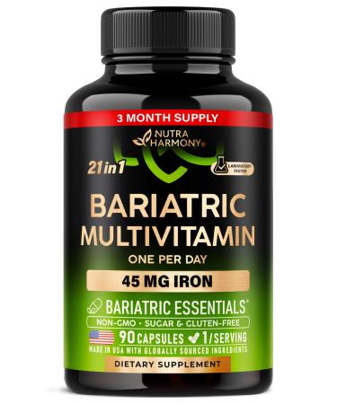 Bariatric Multivitamin - 45 mg Iron Supplements - Made in USA - for Women & Men - All-in-One 21 Essential Vitamins - Gastric Sleeve Support - Free of Sugar Gluten & Soy - 90 Capsules Once Daily 90 Count (Pack of 1)
