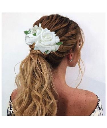 Wedding Flower Slide Comb Bridal Artificial Floral Hair Comb Vintage Frost Headpiece Hair Piece Accessories for Women Girls Brides Bridesmaids (White A)