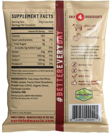 Earth Fed Muscle Strawberry Feels Irish Grass Fed Whey Protein Isolate - NSF-Certified. No Artificial Ingredients Soy Free Gluten Free Non-GMO and Hormone Free (1 Serving Strawberry) Strawberry Feels (Forever) - Buy Online on GoSupps.com