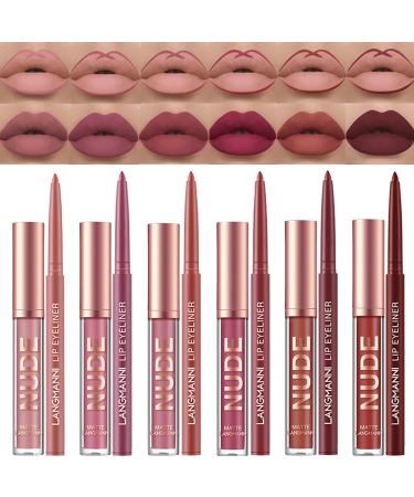 Petansy Matte Lipstick Makeup Set, 6 Colors Matte Nude Liquid Lip Sticks + 6 Matching Smooth Lip Liner, All in One Waterproof Long Lasting Lip Gloss Lips Make-up Gift Set for Girls and Women
