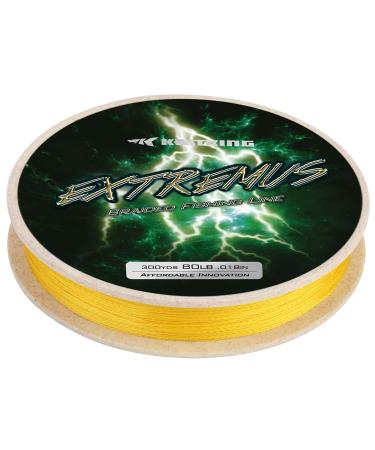 KastKing Extremus Braided Fishing Line, Highly Abrasion Resistant 4-Strand Braided Lines, Thin Diameter, Zero Stretch, Zero Memory, Easy Casting, Great Knot Strength, Color Fast Yellow A:150Yds - 50LB