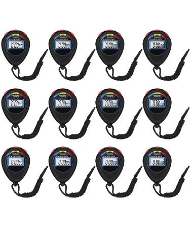 12 Pack Multi-Function Electronic Digital Sport Stopwatch Timer Large Display with Date Time and Alarm Function Suitable for Sports Coaches Fitness Coaches and Referees(Black)