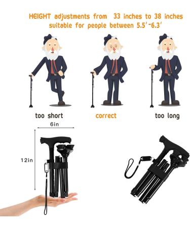 BigAlex Folding Walking Cane with LED Light & Quad Base - Adjustable Stick for Man/Woman 5.5-6.3ft - Black - Buy Online on GoSupps.com