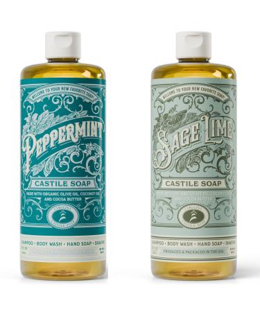 Carolina Castile Soap Carolina Peppermint and Sage Lime Castile Soap Liquid - 32 oz Vegan & Pure Organic Concentrated Non Drying All Natural Formula Body Wash & Shampoo