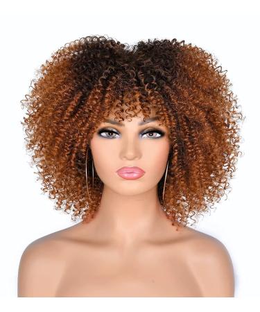 ANNIVIA 10inch Short Curly Wig for Black Women Bomb Afro Kinky Curly Wig with Bangs Synthetic Fiber Full Wig(Ombre Brown)