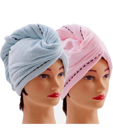 Microfiber Hair Towel Wraps for Women 2 Pack Quick Dry Anti-frizz Head Turban with Button for Long Thick & Curly Hair, Super Absorbent Soft - (Blue & Pink) 2 Pack Blue & Pink