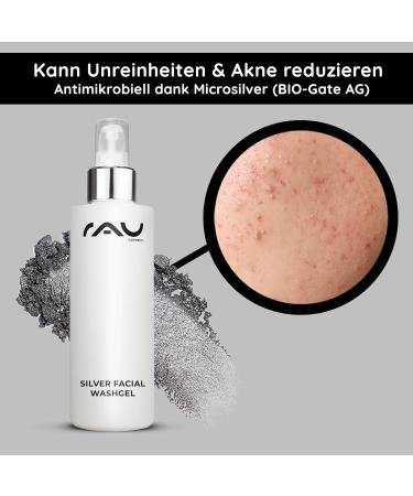 RAU Silver Facial Washgel 200 ml - Purifying facial cleansing gel with highly porous silver microparticles for impure sensitive irritated acne-prone skin. Purifying facial lotion against pimples acne and neurodermatitis treatment - Buy Online on GoSupps.com