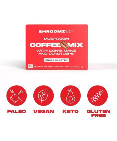 Shroomzup Mushroom Coffee Instant (15 Pack) - Lion's Mane and Cordyceps Superfood Coffee for Keto Vegan Paleo - Brain Focus & Productivity Boost - Buy Online on GoSupps.com