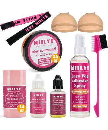 MIILYE Lace Wig Melting Spray 4oz +Lace Wig Glue 1.3oz +Wig Glue Remover 1oz +Edge Control Hair Styling Gel 3.5oz +Hair Wax Stick 1.4oz +Wig Band +Wig Caps +Brush Wig Installation Kits