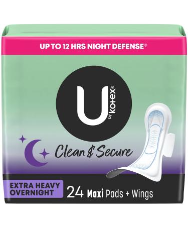 U by Kotex Clean & Secure Overnight Maxi Pads with Wings (Previously 'Security') Extra Heavy Absorbency 24 Count (Packaging May Vary) Extra Heavy Overnight Absorbency Extra Heavy Overnight Absorbency