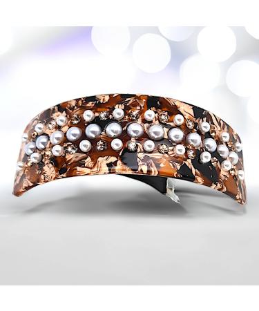 Hair clip for women pearl rhinestone brown hair clip original luxurious hair accessory cellulose acetate tortoise motif rounded rectangle marron