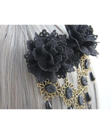 Black Lace Rose Flower Hair Clip with Pearl Chain Tassels - Gothic Vintage Hair Barrette for Women - Buy Online on GoSupps.com