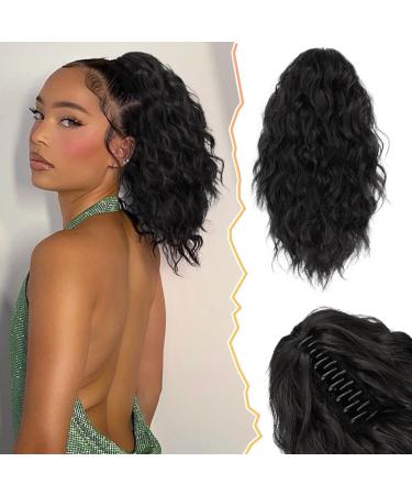BARSDAR short ponytail extension 30cm clawed clip ponytail hair extension multi layered wavy black hair synthetic ponytail hair part for women (natural black) 30cm natural black