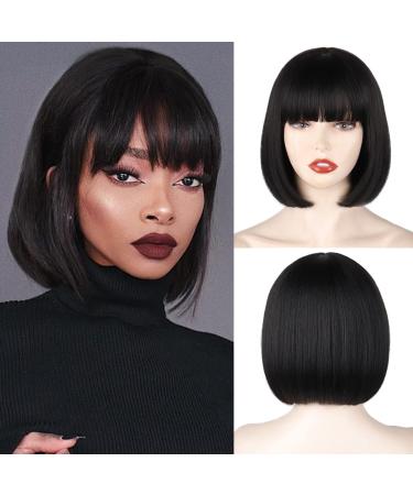 WERD Black Short Bob Wig Straight Black Bob Wig with bangs  10 inch Straight Bob Bangs Wig for Women Natural Looking for Daily Use