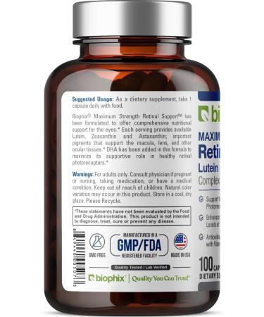 biophix Retinal Support Maximum Strength Complex Formula 100 Capsules - Zinc Vitamin C E Lutein DHA Omega-3 Astaxanthin Hyaluronic Acid - Supports Eye Vision Health - Buy Online on GoSupps.com