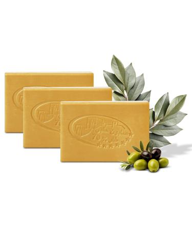 BIO JALAL Original Aleppo soap with 70% laurel oil and 30% olive oil. 3 Aleppo soaps 125g each. Hand soap for face hands body and hair. Handmade in Turkey using a traditional recipe.