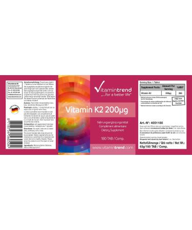 Vitamin K2-200mcg Vegan - ! FOR 6 MONTHS! Box of 180 tablets | Vitamintrend  - Buy Online on GoSupps.com