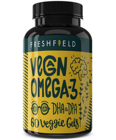 Freshfield Vegan Omega 3 DHA Supplement: Premium Algae Oil, 2 Month Supply, Plant Based, Sustainable, Premium and Mercury Free. Better Than Fish Oil! Supports Heart, Brain, Joint Health - w/ DPA Natural 60 Count (Pack of 1)