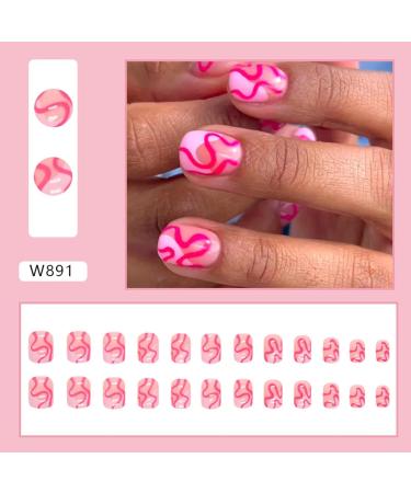 Short False Nails Pink - White Pink Short Fake Nails Curve Design Pink Press On Nails Cute Stick On Nails Square Fake Nails Artificial Full Stick On Nails Haoying - Buy Online on GoSupps.com