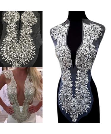 succi shan New Handmade Rhinestones Sequins Applique mesh Beaded Crystals Flower Trim Patches for Accessory Wedding Gown Decoration 15x25Inch (Silver)