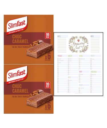 Healthy Snack Bars Bundle which Contains SlimFast Chocolate Caramel Treat Bar Multipack 6 x 26g - Pack of 2 with Grocery List Card