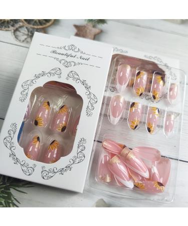 Sunflowers Press on Nails - Medium Almond Glossy White French Tips | 24Pcs Acrylic False Nails with Gold Foil for DIY Manicure - Buy Online on GoSupps.com