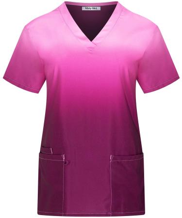 Minty Mint Women's Comfortable Easy Fit Lightweight Durable Soft Stretch Printed V-Neck Medical Scrub Top Medium Pink2