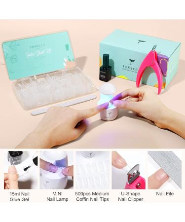 TOMICCA Nail Tips and Glue Gel Kit - 4 In 1 Nail Extension Set with LED Lamp and 500Pcs Coffin Nails - Acrylic Starter Kit for Easy DIY Nail Art - Medium Coffin Shape - Gift Set - Buy Online on GoSupps.com