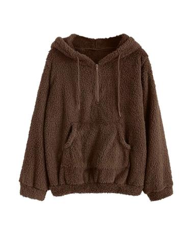 Bigfanshu Womens Fluffy Hoodie Sweatshirt Thicker Warm Jumper Hooded Pullover Pocket Zipper Loose Top Blouse Brown
