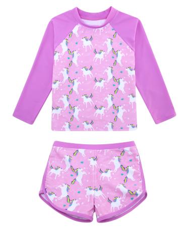 TUONROAD Girls Swimming Costume Toddler Baby Kids Two Piece Long Sleeve Swimsuit UPF 50+ Protection Bathing Suit Swim Set for 4-10 Years 5-6 Years Rainbow Unicorn