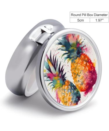 Round Pill Box - Tropical Fruit Watercolor Pineapple Print | 3 Compartment Portable Pill Organizer | Decorative Metal Medicine Case - Buy Online on GoSupps.com