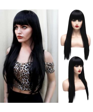 BESTUNG 24 Inches Long Straight Black Wigs With Fringe for Women Ladies Synthetic Full Hair Natural Wig with Fringe Bangs for Cosplay Costume or Daily Life (Black) 2 Piece Set Black