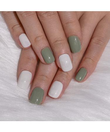 Sethexy French Short False Fingernails - Glossy White & Green Square 24pc Acrylic Nail Tips for Women & Girls - Buy Online on GoSupps.com