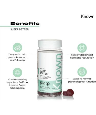 Known Nutrition Vegan Sleep Gummies | Essential Sleep Support with Saffron, Chamomile & Lemon Balm | 60 Vegan Gummies | 90mg | Mixed Berry Flavor - Buy Online on GoSupps.com