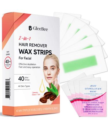 Gleebee Facial Wax Strips, Hair Removal Waxing Strips for Face, Applicable to the upper lip, cheek, chin and middle brow facial areas Women (40 Count) + 4 Calming Oil Wipes (Facial Strips)