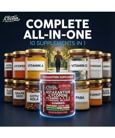 Clean Nutra AstaZen Astaxanthin Complex Gummies 12mg w/Lycopene Pure Vitamin A C D E L-Tyrosine Selenium Premium Berry Banana Eye Skin Immune Support Supplement 60 Count - Buy Online on GoSupps.com