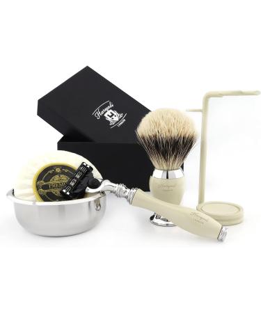 Luxury 5 Pc Men's Shaving Kit | 3 Edge Razor Silver Tip Badger Brush Stand Soap & Bowl - International Shipping Available - Buy Online on GoSupps.com