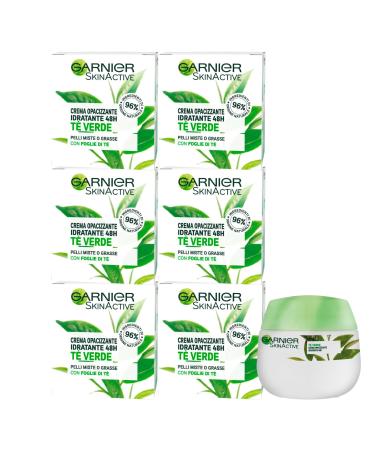 Garnier GARNIER SkinActive Moisturizing Face Cream with Green Tea 48-hour Long-Lasting Opacifying Action with 96% Naturally Derived Ingredients Dermatologically Tested Formula - 6 x 50ml Jars
