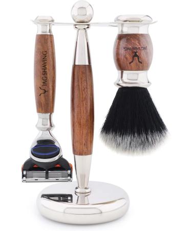 Jag Shaving Razor Set - Premium 4-Part Shaving Set with Black Synthetic Hair Brush Stainless Steel & Wood Rack Shaving Bowl | International Shipping Available - Buy Online on GoSupps.com