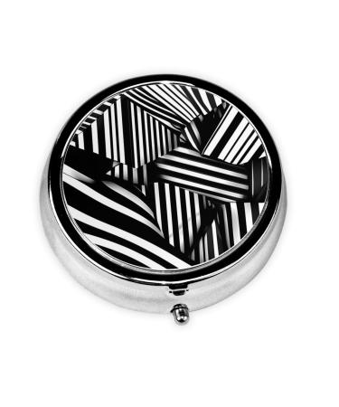Black and White Geometric Linesround Pill Box 3 Compartment Round Pill Box Organizer Portable Travel Pill Box for Traveling.